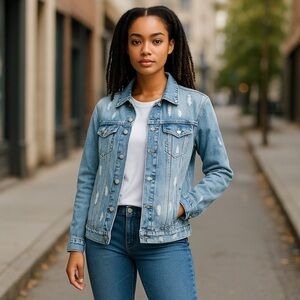 BBJ Los Angeles Distressed Denim Trucker Jacket Light Blue Wash Women’s Small